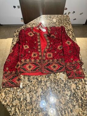 Papell Boutique Red Evening Top with Heavy, Sparkly Beading  Detail